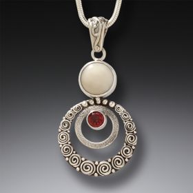 Mammoth Ivory Jewelry Garnet Pendant Necklace in Handmade Silver - <b>Ripples</b>