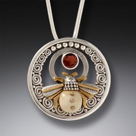Fossilized Walrus Ivory Silver Honey Bee Necklace with Garnet - <b>Bee Inspired</b>