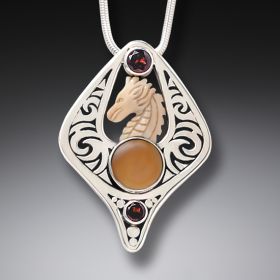 Ancient Mammoth Ivory and Garnet Silver Dragon Pendant – <b>Dragon Fire</b> 