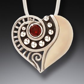 Fossilized Ivory, Garnet, and Silver Heart Pendant – <b>Tender</b>
