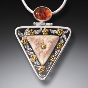 Mammoth Ivory Jewelry Flower Necklace, 14kt Gold Fill and Amber - <b>Flower Triangle</b>