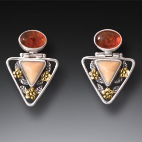 Mammoth Ancient Ivory Amber Triangle Earrings, 14kt Gold Fill and Handmade Silver - <b>Flower Triangle</b>