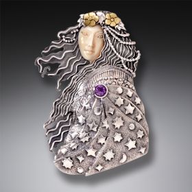Fossilized Walrus Ivory Pin or Pendant, Handmade Silver,14kt Gold Fill, and Amethyst - <b>Wise Woman</b>