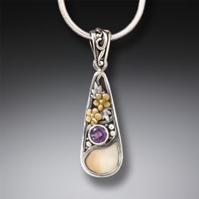 Fossilized Walrus Ivory Silver Teardrop Necklace, 14kt Gold Fill and Amethyst - <b>First Rain</b>