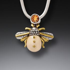 Fossilized Walrus Ivory and Silver Pendant - <b>Honeybee</b>