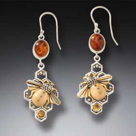 Fossilized mammoth ivory honeycomb bee earrings - <b>Honeycomb Bees</b>