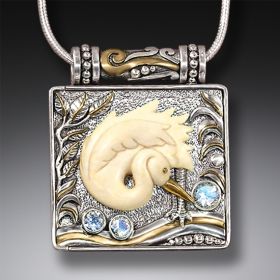 Mammoth Ivory Bird Locket, 14kt Gold Fill and Rainbow Moonstone - <b>Egret</b>