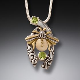 Fossilized Walrus Tusk Bee Necklace Silver and Peridot - <b>Bee with Peridot</b>