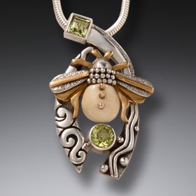 Mammoth Ivory Tusk Bee Necklace Silver and Peridot - <b>Bee with Peridot</b>