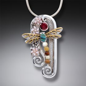 Fossilized Walrus Ivory Silver Dragonfly Pendant with Paua, Garnet, Mother of Pearl, and 14kt Gold Fill - <b>Dragonfly Arch</b>