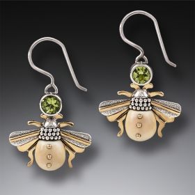 Fossilized Walrus Tusk Bee Earrings Silver, 14kt Gold Fill and Peridot - <b>Bees</b>
