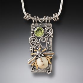 Fossilized Walrus Tusk Ivory Silver Bee Pendant, 14kt Gold Fill and Peridot - <b>Bee Free</b>