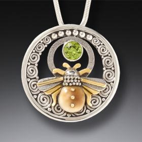 Fossilized Walrus Tusk Handmade Silver Bee Necklace with Peridot - <b>Bee Inspired</b>