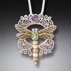 Ancient Walrus Ivory Dragonfly and Amethyst Pendant - <b>Garden Visitor</b>
