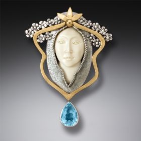 Mammoth Ivory Pin or Pendant with Blue Topaz and 14kt Gold Fill - <b>Art Nouveau Woman</b>