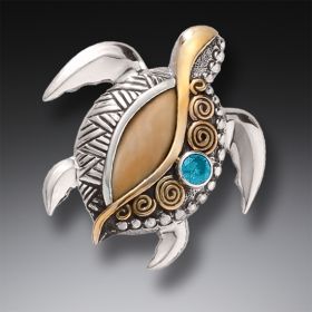 Silver Sea Turtle Pin or Pendant with Fossilized Walrus Tusk Ivory, Blue Topaz, and 14kt Gold Fill - <b>Jeweled Turtle</b>