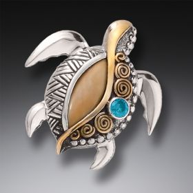 Silver Sea Turtle Pin or Pendant with Mammoth Tusk Ivory, Blue Topaz, and 14kt Gold Fill - <b>Jeweled Turtle</b>