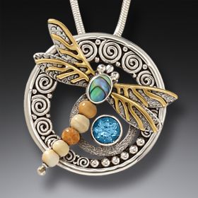Paua Jewelry Handmade Silver Dragonfly Pendant Necklace with Mammoth Ivory - <b>Wings of Gold</b>
