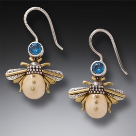 14kt Gold Fill Blue Topaz Fossilized Ivory Silver Bee Earrings, Handmade – <b>Bees</b>