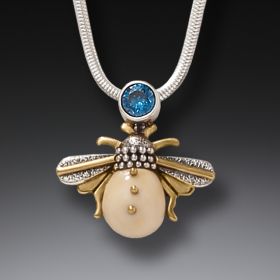 Fossilized Ivory Silver Honeybee Pendant with Blue Topaz – <b>Blue Bee</b>