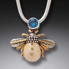Mammoth Ivory Silver Honeybee Pendant with Blue Topaz – <b>Blue Bee</b>