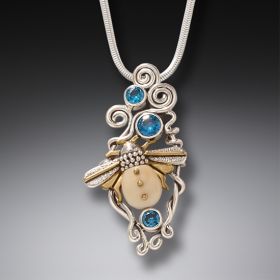 Fossilized Walrus Ivory and Blue Topaz Silver Bee Pendant - <b>Morning Bee</b>
