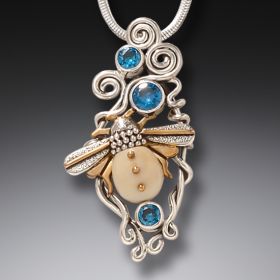 Mammoth Ivory and Blue Topaz Silver Bee Pendant - <b>Morning Bee</b>
