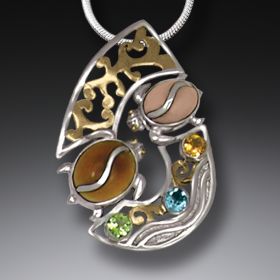Fossilized Walrus Tusk Silver Turtle Pendant with Peridot, Blue Topaz, and 14kt Gold Fill - Two Turtles</b>