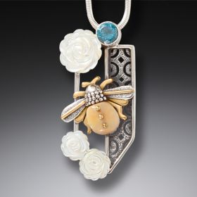 Ancient Mammoth Ivory Bee and White Rose Pendant - <b>Rose Garden</b>