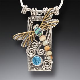 Silver Dragonfly Pendant Paua Jewelry with Fossilized Walrus Ivory, Blue Topaz, and 14kt Gold Fill - <b>Dragonfly</b>