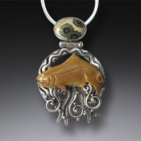 Fossilized Walrus Tusk Ocean Jasper Necklace, Handmade Silver - <b>Ocean Jasper and Fish</b>