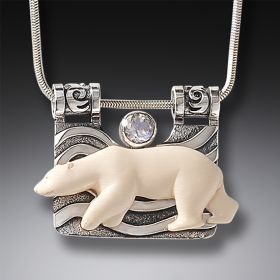 Mammoth Ivory Polar Bear Necklace Silver with Rainbow Moonstone - <b>The Seeker</b>
