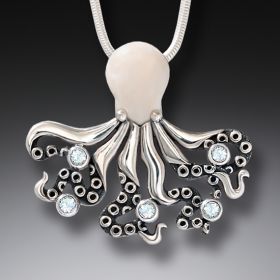Ancient Mammoth Ivory and Rainbow Moonstone Silver Octopus Pendant - <b>Deep Secrets</b>