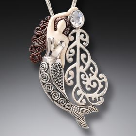 Ancient Mammoth Ivory and Moonstone Silver Mermaid Pendant - <b>Koru Mermaid</b>