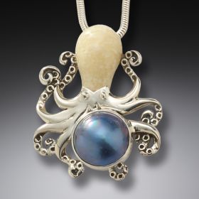 Fossilized walrus ivory octopus with mabe pearl - <b>Octopus With Mabe</b>