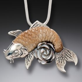 Mother of Pearl and Fossilized Walrus Ivory Koi Necklace – <b>Rose Koi</b>