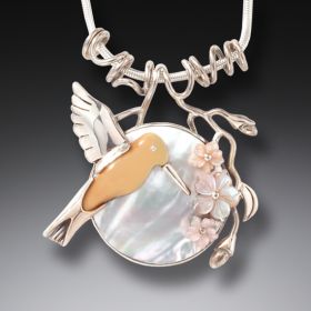 Fossilized Walrus Ivory Hummingbird and Moon Flower Pendant - <b>After The Rain</b>