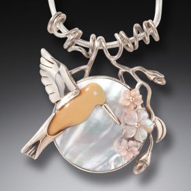 Fossilized Mammoth Ivory Hummingbird and Moon Flower Pendant - <b>After The Rain</b>