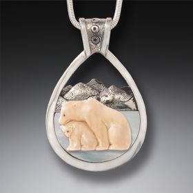 Fossilized Mammoth Ivory Mother of Pearl Bear Necklace <b>Bear with Cub</b>