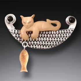 Fossilized Walrus Ivory Cat Pendant with Silver