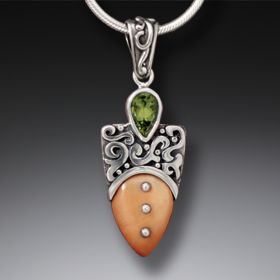 Fossilized Walrus Ivory Necklace with Peridot, Handmade Silver - <b>Shield</b>