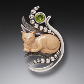 Fossilized Walrus Ivory Cat Pendant Silver with Peridot, Handmade - <b>Cat in the Grass</b>