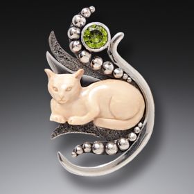 Mammoth Ivory Cat Pendant Silver with Peridot, Handmade - <b>Cat in the Grass</b>