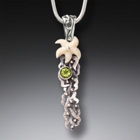 Fossilized Ivory Starfish Necklace Silver with Peridot, Handmade Silver - <b>Sea Garden</b>