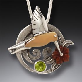 Mammoth Ivory Jewelry Silver Hummingbird Necklace with Peridot - <b>Sipping Nectar</b>