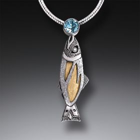 Handmade Silver Jeweled Fish Necklace with Fossilized Walrus Ivory and Blue Topaz - <b>Treasures from the Stream</b>