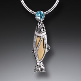 Handmade Silver Jeweled Fish Necklace with Mammoth Tusk Ivory and Blue Topaz - <b>Treasures from the Stream</b>