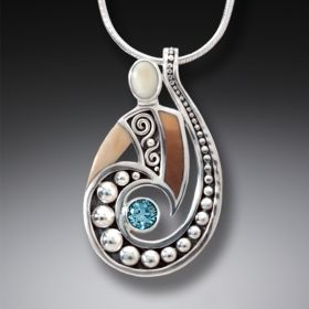 Fossilized Walrus Tusk Silver Spiral Pendant with Blue Topaz, Handmade - <b>Spiral Power</b>