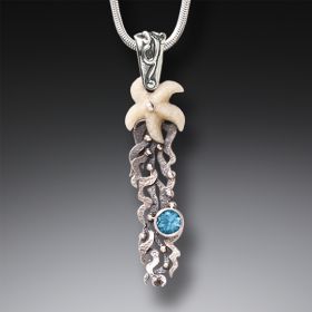 Fossilized Walrus Ivory Starfish Necklace Silver with Blue Topaz, Handmade - <b>Sea Garden</b>