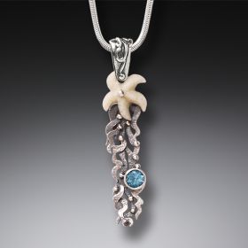 Mammoth Ivory Tusk Starfish Necklace Silver with Blue Topaz, Handmade - <b>Sea Garden</b>